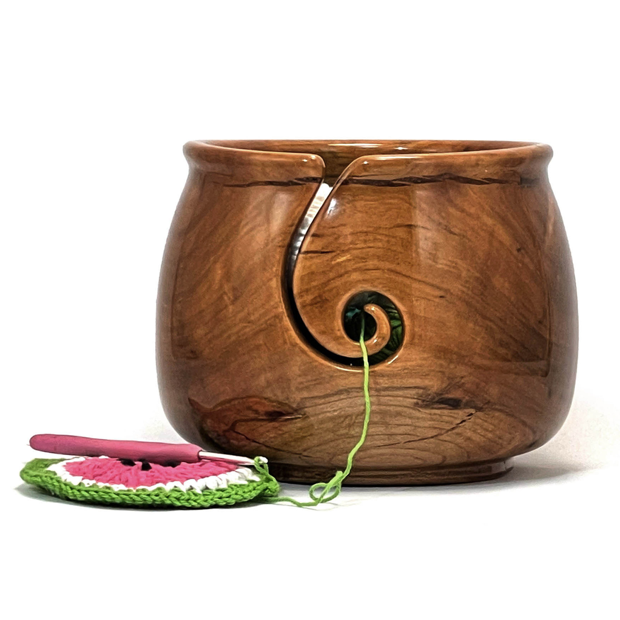 Large Cherry Yarn Bowl, Fibonacci Spiral Groove Functional