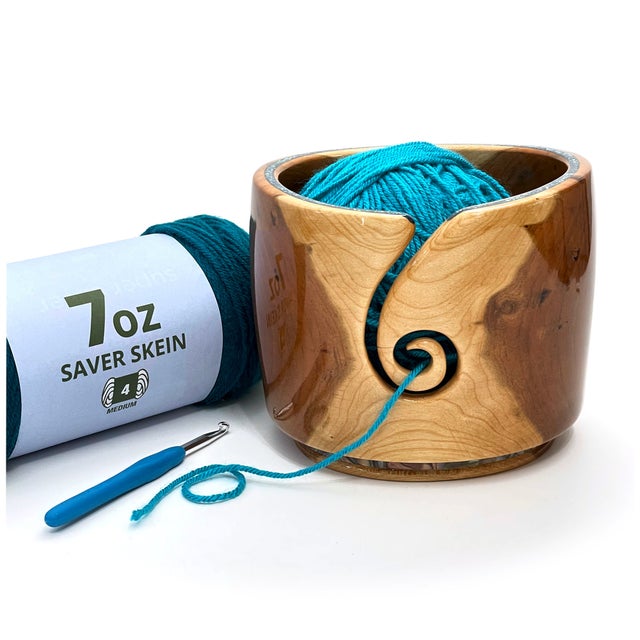 Hagestad Wooden Yarn Bowl for Knitting and Crocheting. Travel Pouch and 2 Crochet Hooks included. Extra Large 8 by 4 inch